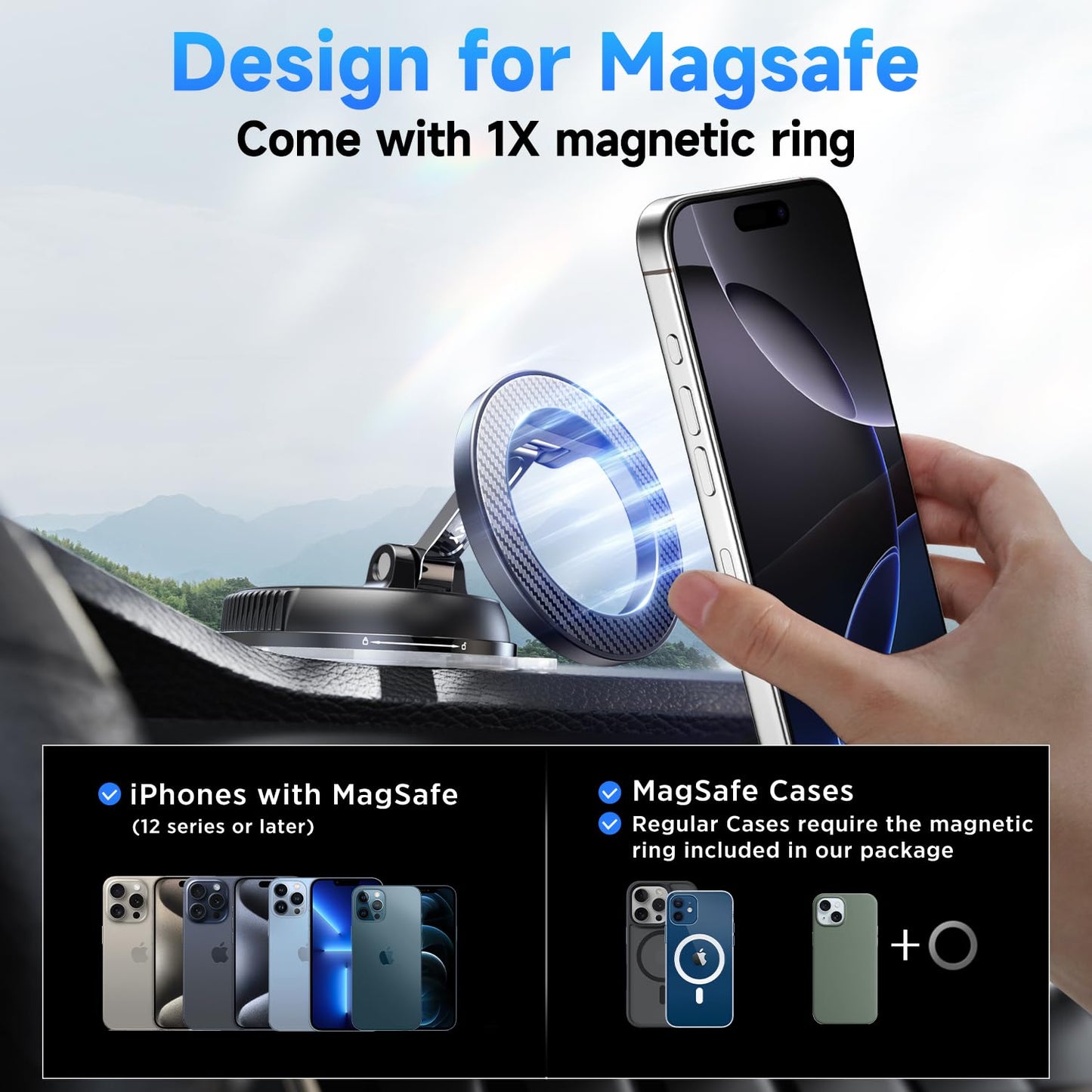 Car Phone Holder for Magsafe [78+LBS Strongest Suction & 2400gf Strongest Magnetic] 360° Adjustable Car Phone Mount, Phone Holders for Your Car for iPhone 16 Pro Max 15 14 13 12 Plus (Carbon Fiber)