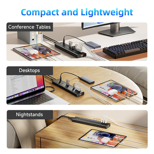 Powered USB 3.0 Hub, 16-Port USB C Hub Splitter (10 USB 3.0+2 QC 3.0+2 Smart Charging+2 USB-C 3.0) with Individual Switches, 12V 7.5A 90W UL Certified Power Adapter for Laptop, Mac, PC, Computer