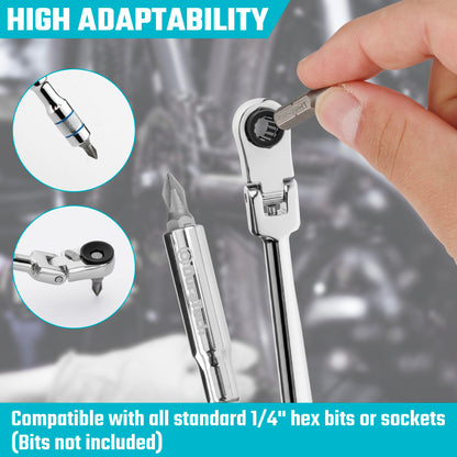 DURATECH 1/4" Flex Head T-Handle Ratchet, Mini Ratchet Wrench with Hex Bit Extension Set, Compatible with Standard 1/4" Hex Bits or Sockets, Portable and Versatile Repair Tool for Tight Spaces