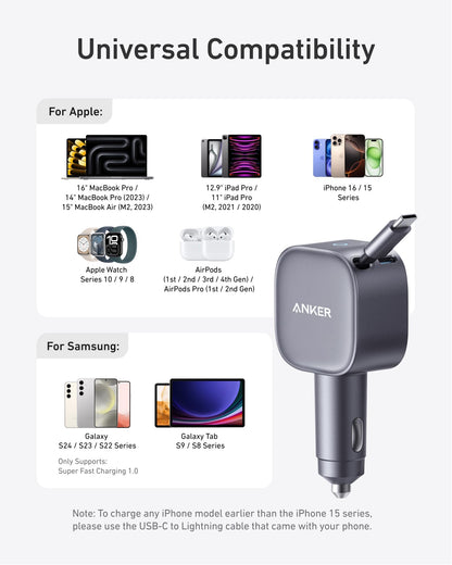 Anker USB-C Car Charger, 75W Max, Ultra-Compact, Type-C Fast Charger with Built-in Retractable USB-C Cable, Car Adapter for iPhone 16/15 Series, MacBook Pro/Air, iPad, Galaxy, AirPods, and More