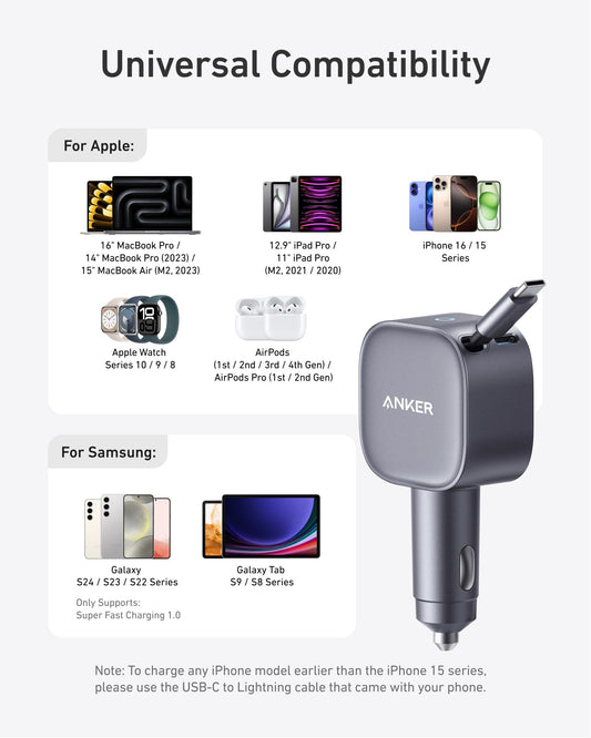 Anker USB-C Car Charger, 75W Max, Ultra-Compact, Type-C Fast Charger with Built-in Retractable USB-C Cable, Car Adapter for iPhone 16/15 Series, MacBook Pro/Air, iPad, Galaxy, AirPods, and More