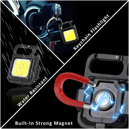 MAKDAK Cob Keychain Work Light Keychain Flashlights 4 Light Modes,Keychain Light Emergency Light with Folding Bracket Bottle Opener for Fishing,Camping and Walking 2Pack