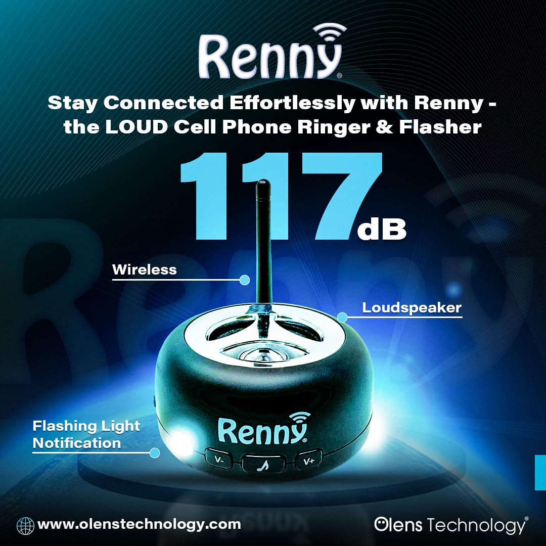 RENNY - Loud Cell Phone Ringer, Amplifier & Flasher for Hearing Impaired & Noisy Environments (117dB) | Wireless Bluetooth Auto-Connect | 5 Selectable Ringtones | No Missed Calls