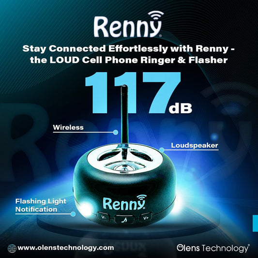 RENNY - Loud Cell Phone Ringer, Amplifier & Flasher for Hearing Impaired & Noisy Environments (117dB) | Wireless Bluetooth Auto-Connect | 5 Selectable Ringtones | No Missed Calls