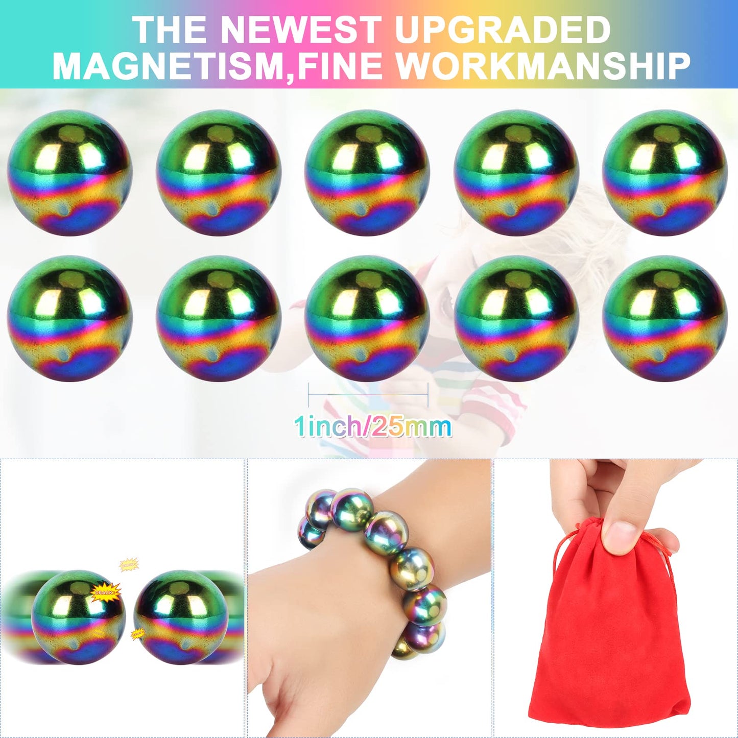Moonhua 10Pcs Rainbow Hematite Magnetic Stone Kit, DIY Round Polished Magnets for Home Office Kitchen, Educational Science Kit for Wall Stickers, Building Gadgets for Gift