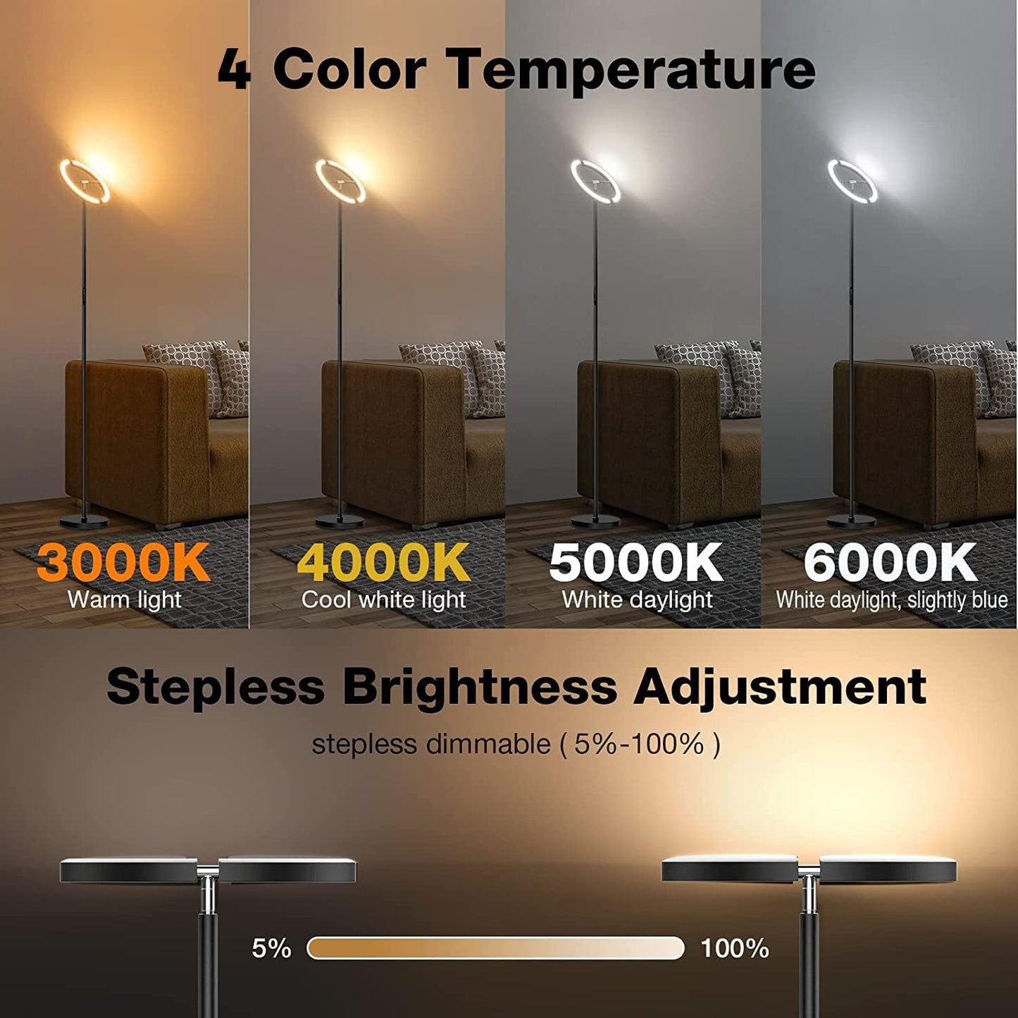 Floor Lamps for Living Room,SIBRILLE Modern Stepless Dimmable Standing Lamp 3000-6000K,22W LED Rotatable Reading Standing Light,Touch&Remote Control Uplighter Floor Lamp for Living Room Bedroom Office