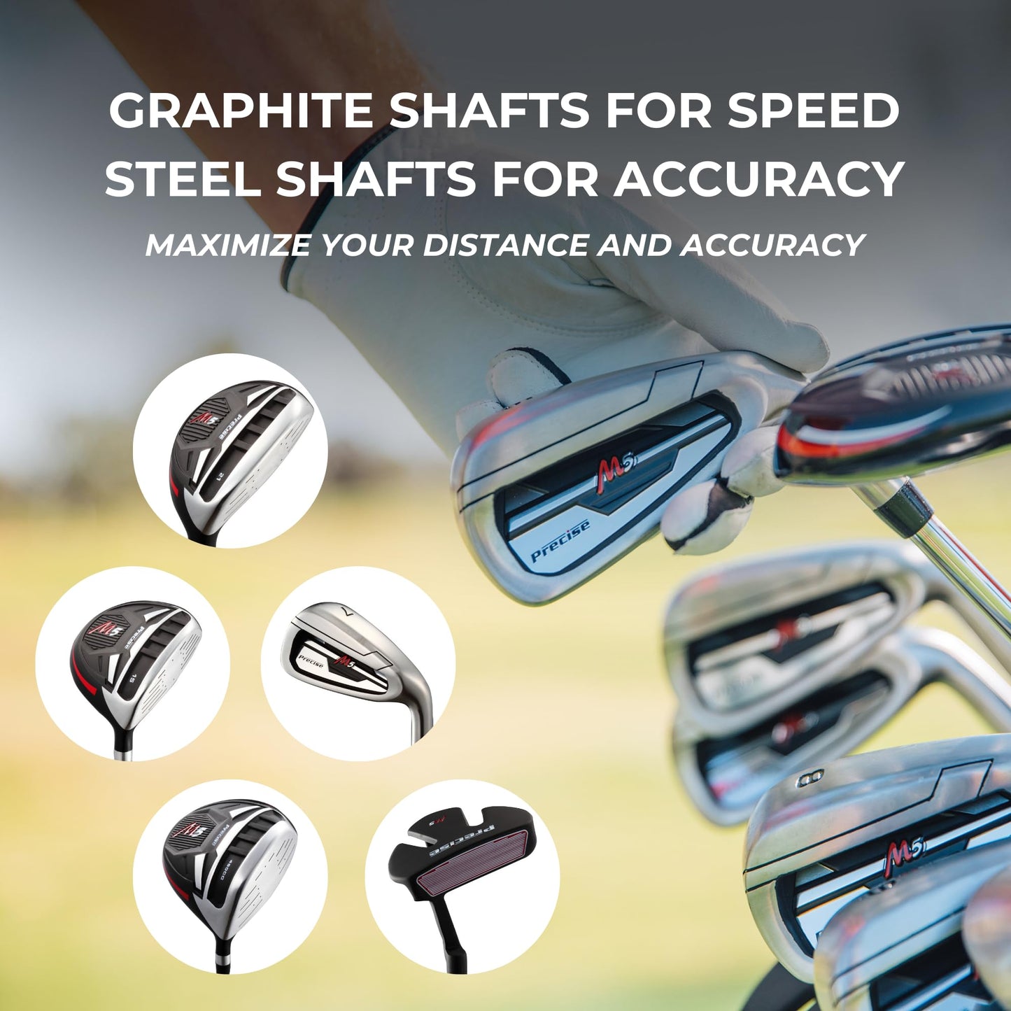 Precise M5 Golf Clubs Set for Men | Lighweight Graphite & True Temper Stainless Steel Shafts w/Precise Alignment Putter & Stand Bag | Left/Right Hand Options & Regular/Tall Complete Golf Club Sets