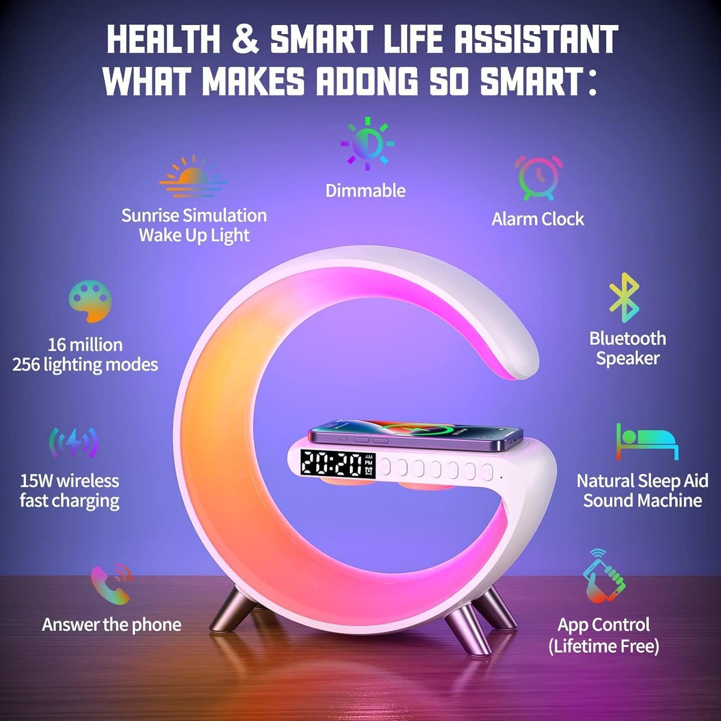 LeeNabao Smart LED Table Lamp, 4-in-1 Wireless Charger, Night Light, Alarm Clock, and Bluetooth Speaker with App Control for Bedroom, Office, and Home Decor (White)