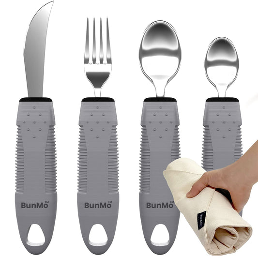 BUNMO Utensils for Elderly, Arthritis, Weak Hand Grip, Tremors & Handicapped - Convenient Travel Pouch - 2.6oz Lightweight - Stainless Steel - Eat Independently - Adaptive Gray 4 Piece Set