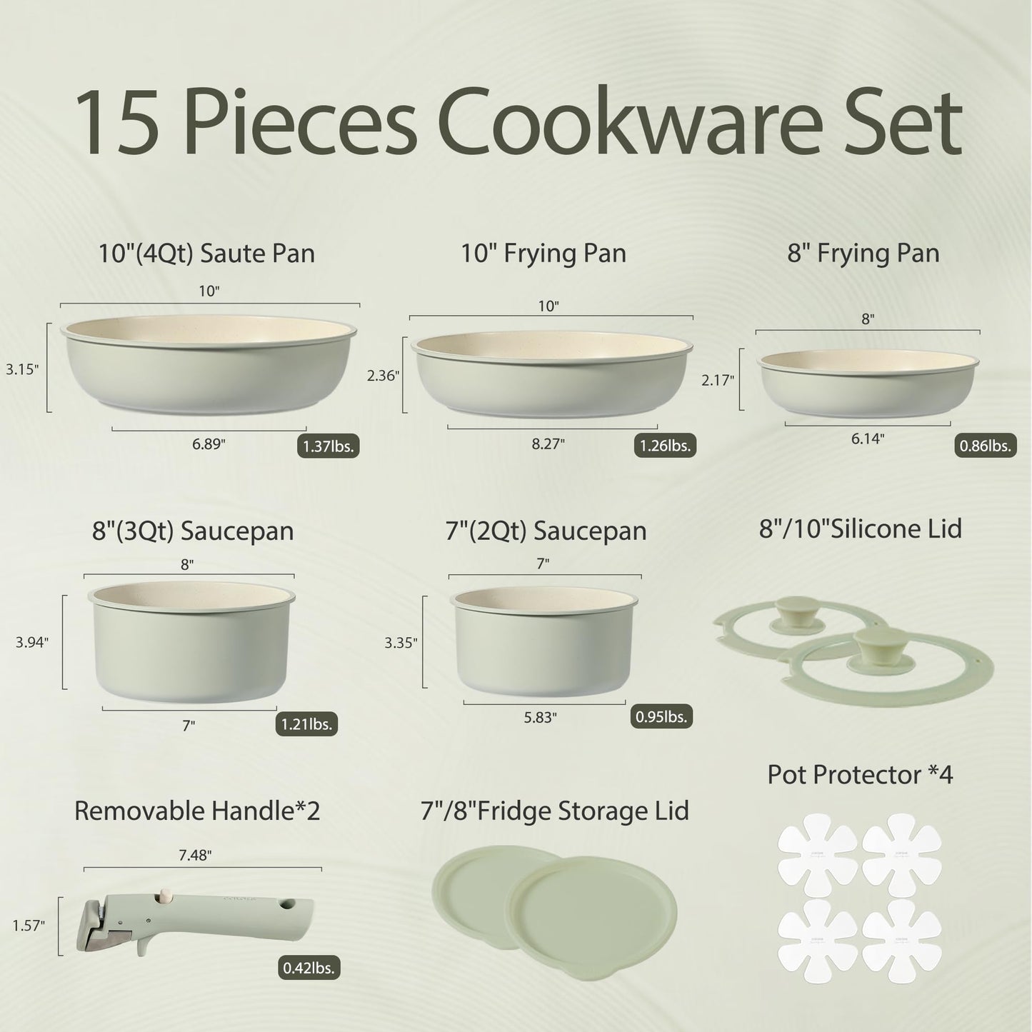 CAROTE Pots and Pans Set, Nonstick Cookware Set Detachable Handle, 15pcs Induction Kitchen Cookware Sets Non Stick with Removable Handle, RV Cookware Set, Oven Safe, Sage Green