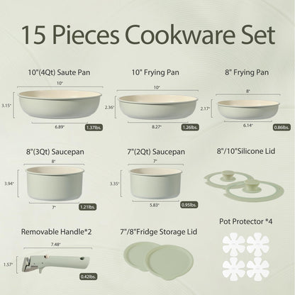 CAROTE Pots and Pans Set, Nonstick Cookware Set Detachable Handle, 15pcs Induction Kitchen Cookware Sets Non Stick with Removable Handle, RV Cookware Set, Oven Safe, Sage Green