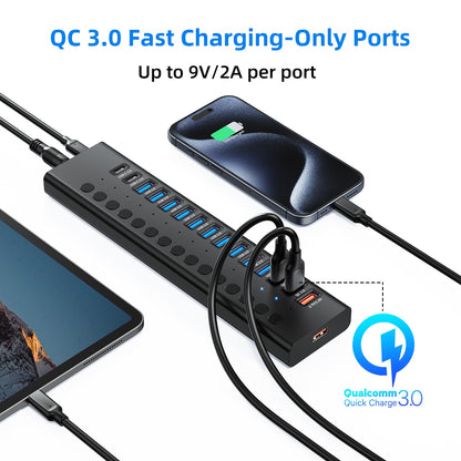 Powered USB 3.0 Hub, 16-Port USB C Hub Splitter (10 USB 3.0+2 QC 3.0+2 Smart Charging+2 USB-C 3.0) with Individual Switches, 12V 7.5A 90W UL Certified Power Adapter for Laptop, Mac, PC, Computer