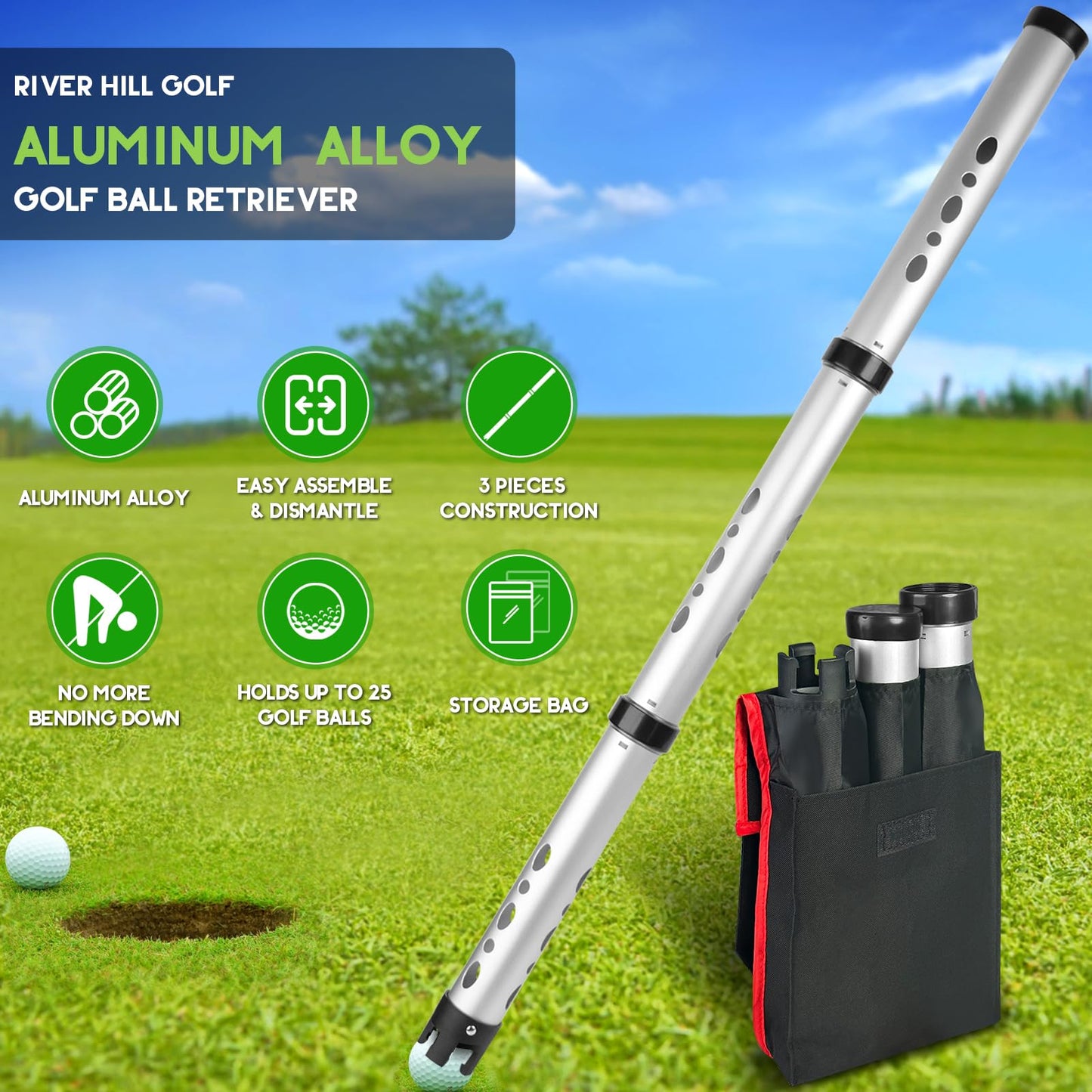 River Hill Golf Golf Ball Retriever, 3 Pieces Aluminum Alloy Picker Upper Tube w/Storage Bag, 25 Golf Balls Shagger Grabber, 41.3 Inch Ball Collector, Pickup Tool Device