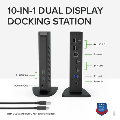Plugable USB 3.0 and USB-C Universal Laptop Docking Station with 2 HDMI Ports for Windows, Mac, and ChromeOS (Gigabit Ethernet, Audio)