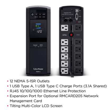 CyberPower CP1500PFCLCD PFC Sinewave UPS System, 1500VA/1000W, 12 Outlets, AVR, Mini Tower,Black