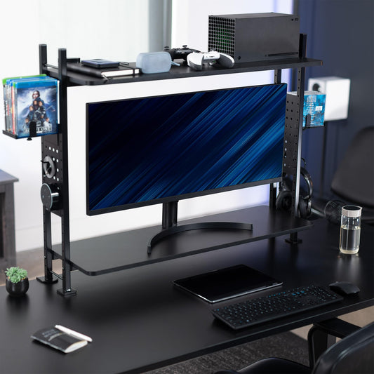 VIVO Clamp-on 40 inch 2-Tier Shelving Unit with Pegboard for Table Accessories, Gaming Devices, and More, Desktop Organizer, Black, DESK-SHELF40G
