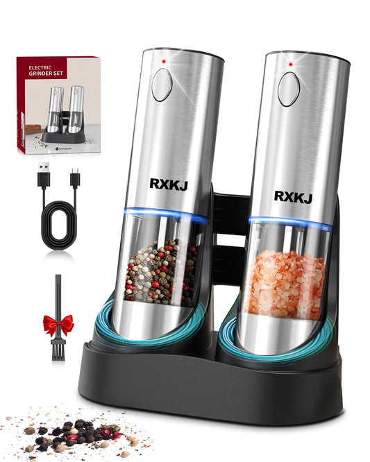 Electric Salt and Pepper Grinder Set, Stainless Steel Automatic Pepper Grinder with Upgraded Charge Base and LED Light, Adjustable Coarseness, Rechargeable Sea Salt Spice Mill Set, Ideal for Kitchen