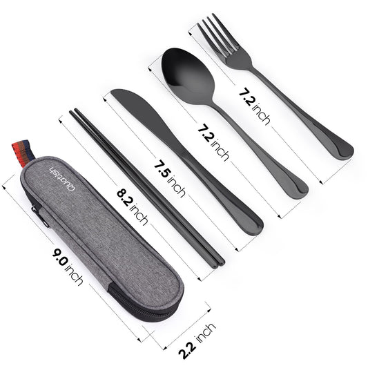 Travel Utensils with Case, Quatish Portable Silverware Set for Work, Stainless Steel Reusable Travel Cutlery Set, Fork and Spoon Set for Camping, Picnic, Gadgets, Lunch Box for Men, Black