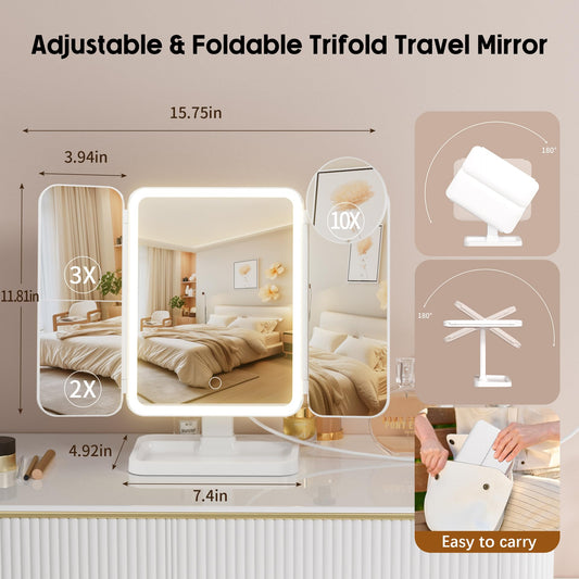 FRANO Vanity Mirror with Lights, Rechargeable Makeup Mirror with Magnification, 2X 3X 10X, 3 Colors Lights, Portable Travel Makeup Mirror, Gifts for Her Women