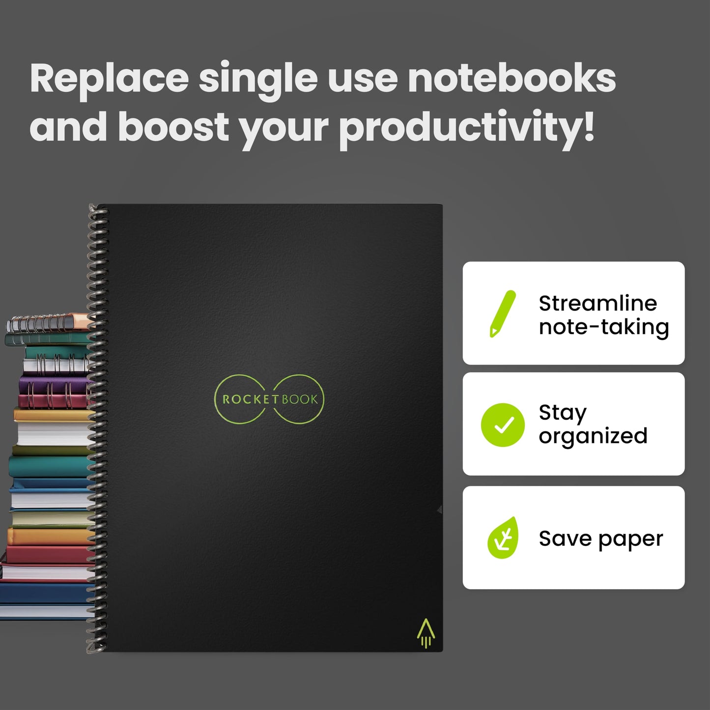 Rocketbook Core Reusable Spiral Notebook, Letter Size 8.5x11, Black - Dotted Pages, App-Connected, Erasable, Durable Cover, Ideal for School, Work, and Creative Projects
