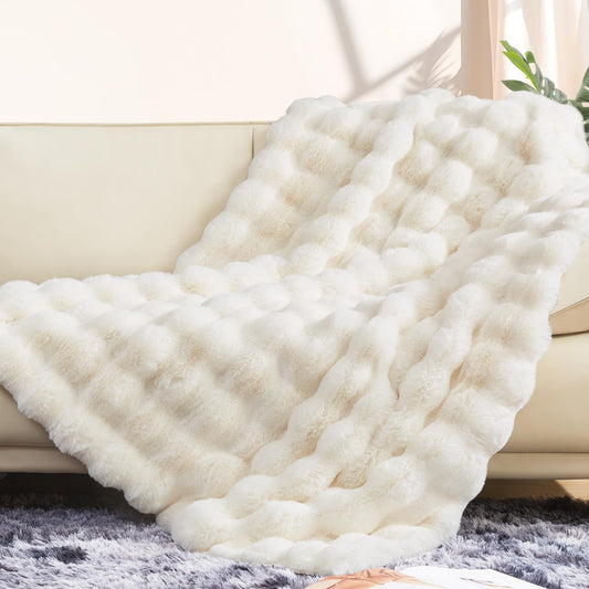 Touchat Luxury 1000GSM Faux Rabbit Fur Throw Blanket, Super Heavy Warm Cozy Blankets for Couch Bed Sofa, Bubble Plush Fuzzy Elegant Soft Reversible Mink Blanket for Living Room Bedroom, Cream White