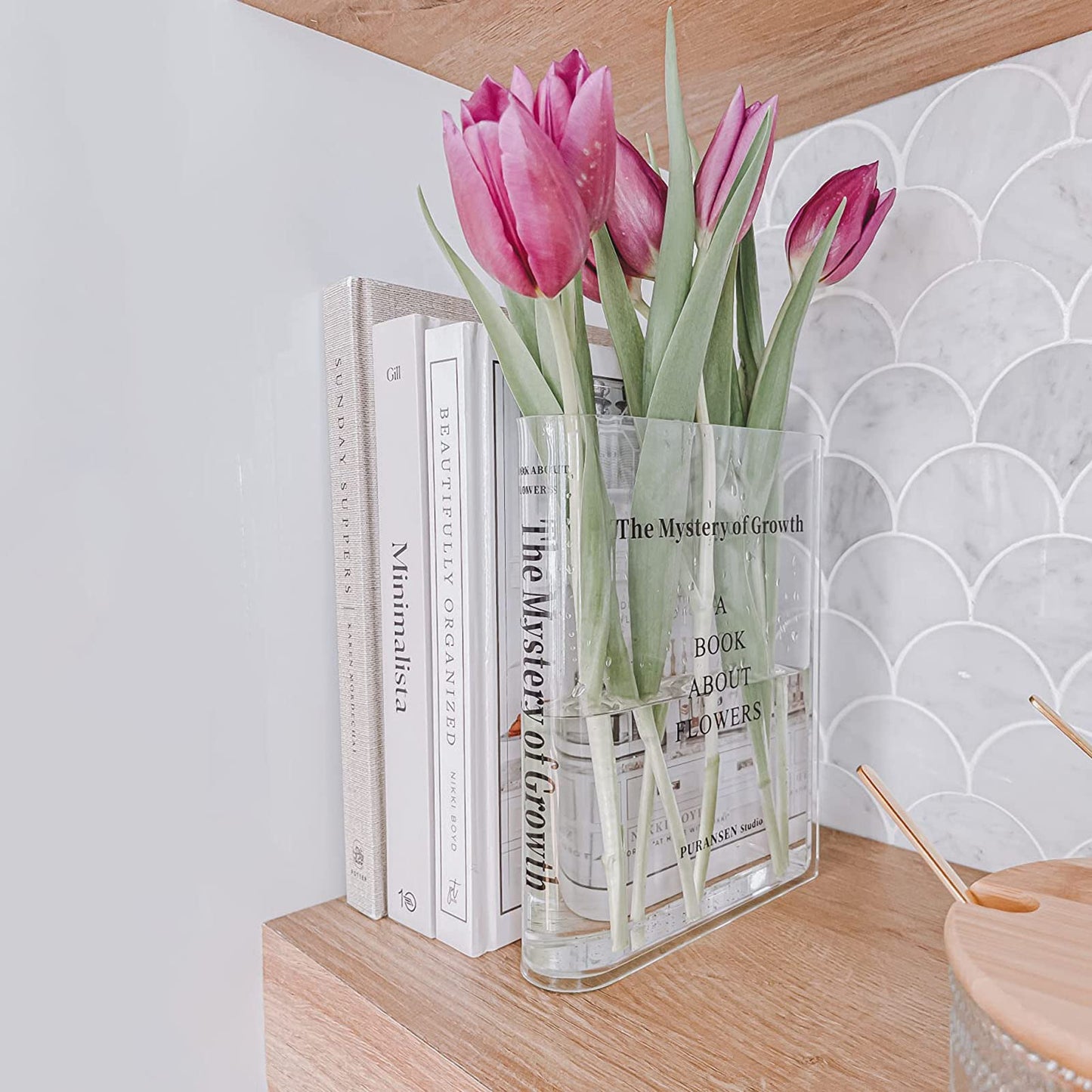 Puransen Clear Book Flower Vase - Floral Bookshelf Decor, Acrylic Flower Holder & Space-Saving Organizer, Modern Home Office/Study Desk Minimalist Aesthetic (Not Including Flowers)