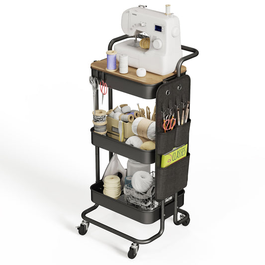 DTK 3 Tier Metal Utility Rolling Cart with Table Top and Side Bags, Tray Storage Organizer Wheels, Art Craft 4 Hooks for Kitchen Bathroom Office Living Room (Black)