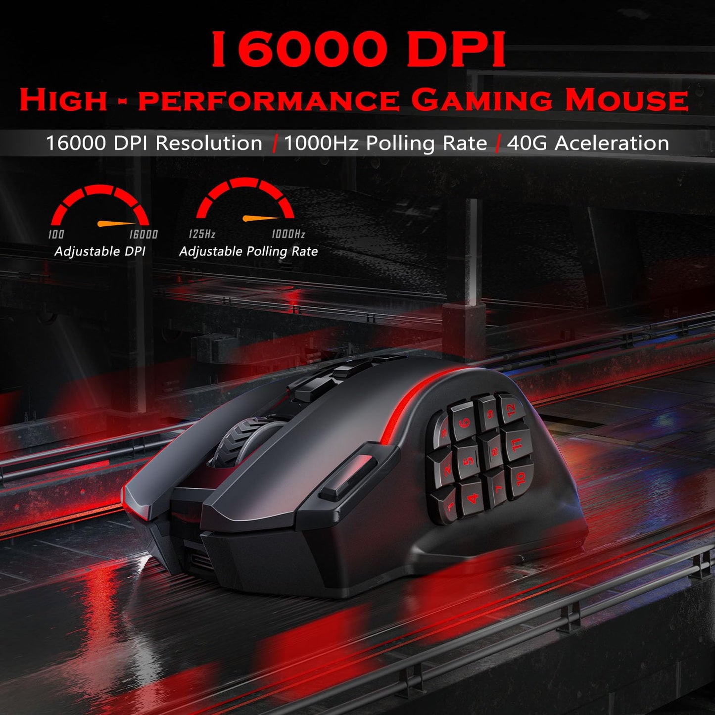 Redragon Wireless Gaming Mouse, MMO Gaming Mouse UP 16,000 DPI, 16 Macro Programmable Buttons, RGB Rechargeable with 12 Side Buttons, 70Hrs for PC Laptop MOBA FPS, M901P-KS