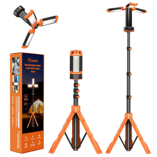 Saker Portable Camping Light with Stand 73.2" Rechargeable Work Light 800/3200 Lumen 4000/6500K Dimmable Camping Light for Outdoor Work, Power Outages, Fishing LD10 Orange