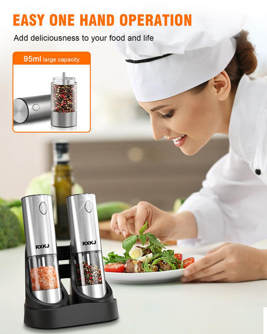 Electric Salt and Pepper Grinder Set, Stainless Steel Automatic Pepper Grinder with Upgraded Charge Base and LED Light, Adjustable Coarseness, Rechargeable Sea Salt Spice Mill Set, Ideal for Kitchen