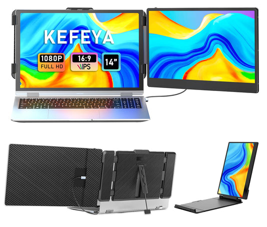 KEFEYA Laptop Screen Extender, 14" FHD 1080P IPS Laptop Monitor Extender Dual Screen, Portable Monitor for Laptops 13-17" with USB-C/HDMI Port, Plug n Play for Windows/Mac/Android/Switch/PS5