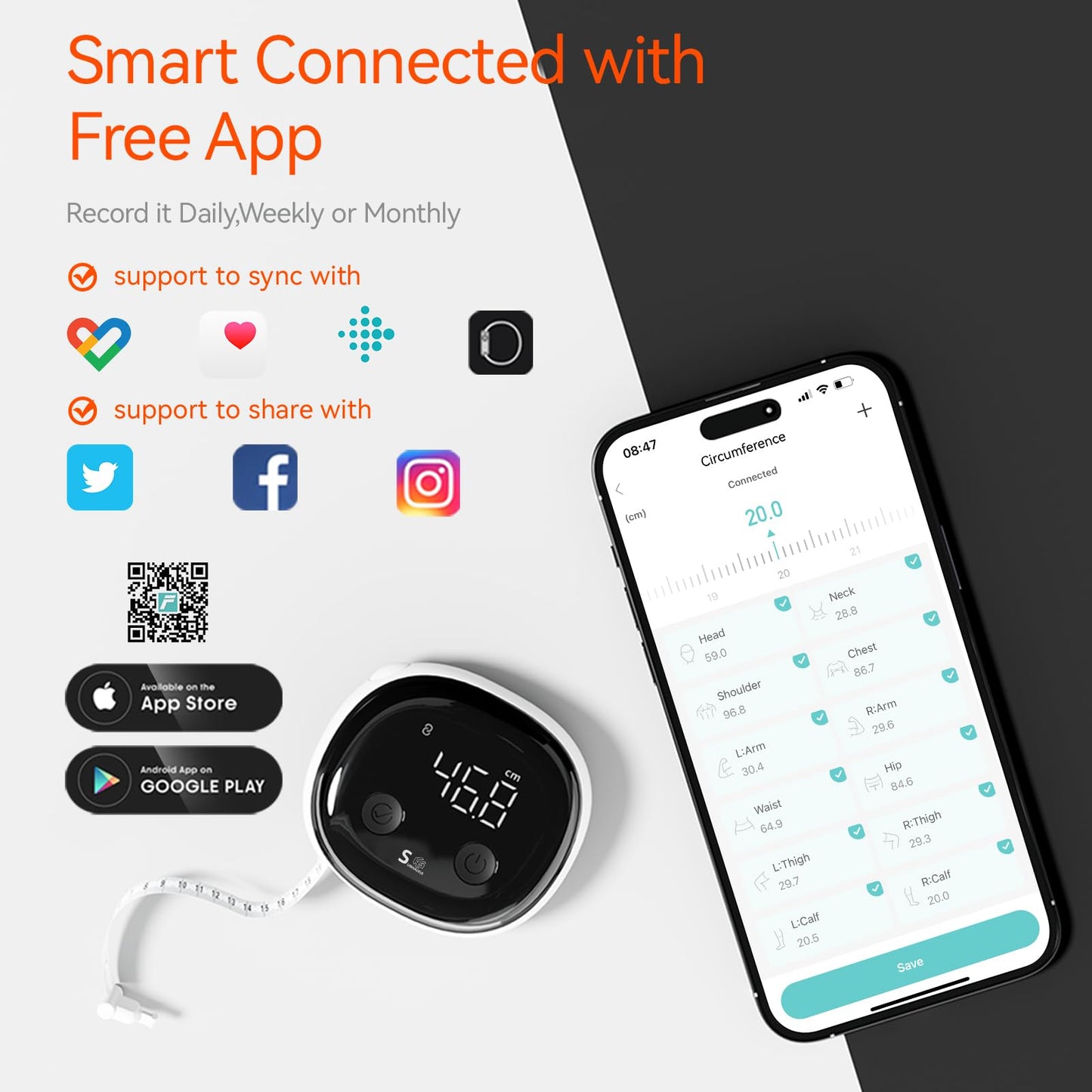 Fitdays Smart Body Tape Measure | Bluetooth Body Fat BMI Tool with LED HD Display & Auto-Retract | Fitness & Weight Loss Tracker for Waist/HIPS/Arms | Fitdays App Sync (Black)