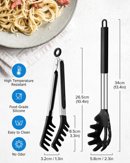 Spaghetti Spoon and Pasta Tong, Non-stick Silicone Spoon Server Fork with teeth and Stainless Steel Handle Spaghetti Tong, Food Clip for Spaghetti Noodle (BLACK)