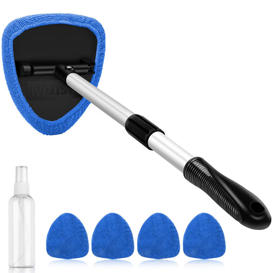 AstroAI Windshield Cleaner Tool, Car Interior Detailing Cleaning Kit with Extendable Handle and 4 Reusable Microfiber Pads, Auto Glass Wiper Brush Kit, Cars, Trucks, SUVs, Blue
