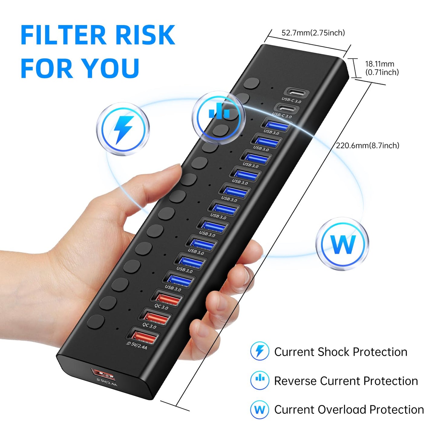 Powered USB 3.0 Hub, 16-Port USB C Hub Splitter (10 USB 3.0+2 QC 3.0+2 Smart Charging+2 USB-C 3.0) with Individual Switches, 12V 7.5A 90W UL Certified Power Adapter for Laptop, Mac, PC, Computer
