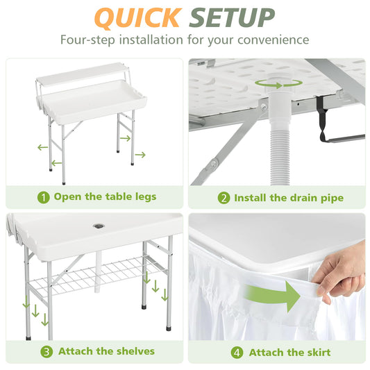LHBcraft Outdoor Ice Cooler Folding Table with Extra Storage Shelf,Ice Tables for Parties with Drain,Cooler Server for Camping, Picnic, Wedding, BBQ (White)