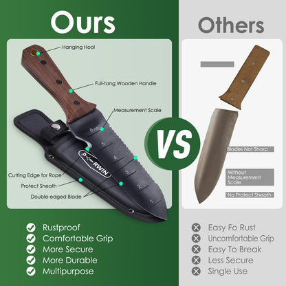PERWIN Hori Hori Garden Knife, Garden Tools with Sheath for Weeding,Planting,Digging, 7" Stainless Steel Blade with Cutting Edge, Full-Tang Wood Handle with Hanging Hole