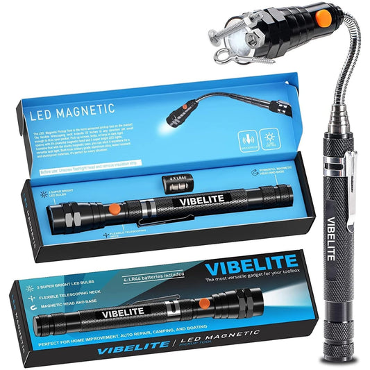 VIBELITE Extendable Magnetic Flashlight with Telescoping Magnet Pickup Tool-Cool Gadget Gifts for Him, Husband, Men, Dad, Father, Mechanic,Tech, Handyman, Boyfriend, Women, Black
