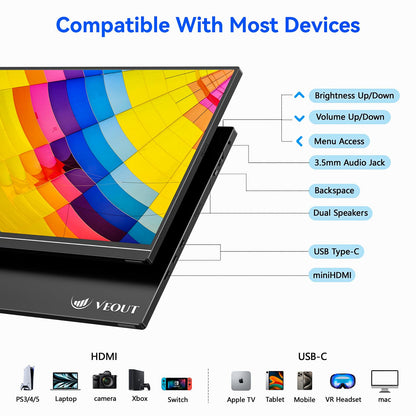 Veout 16" Portable Monitor, 1920 * 1200P IPS Laptop Screen with USB-C, HDMI Gaming Monitor Featuring a Kickstand, 0.3" Ultra-Slim for Travel and Office Use