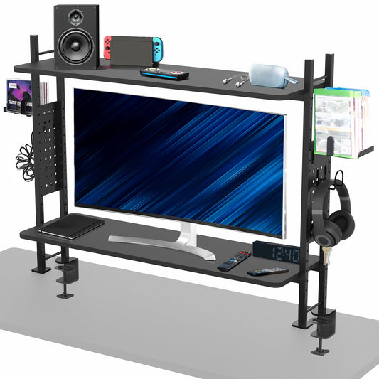 VIVO Clamp-on 40 inch 2-Tier Shelving Unit with Pegboard for Table Accessories, Gaming Devices, and More, Desktop Organizer, Black, DESK-SHELF40G