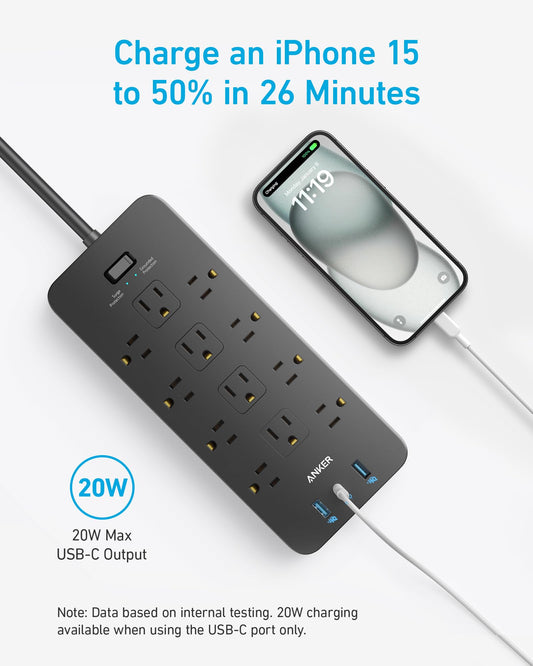 Anker Surge Protector Power Strip (2100J), 12 Outlets with 1 USB-C/2 USB-A Ports for iPhone 16/16 Plus/16 Pro/16 Pro Max, 5ft Extension Cord, Flat Plug, 20W USB-C Charging for Home, Office,TUV Listed
