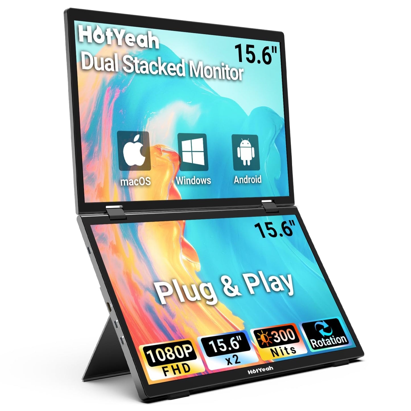 HotYeah Triple Laptop Screen Extender, 15.6'' Dual Stacked Monitor (Windows/MAC), USB-C HDMI 1080P IPS, Plug & Play, Folding Extended Monitor Extender w/Kickstand & 180° Rotation