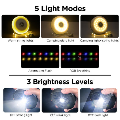 OGERY Camping String Lights, 4 in 1 Quick Storage 32.8FT Rechargeable Tent Lights String with 8 Lighting Modes, Hanging Waterproof Portable LED Lamp for Outdoor Patio Awning Garden Party Essentials