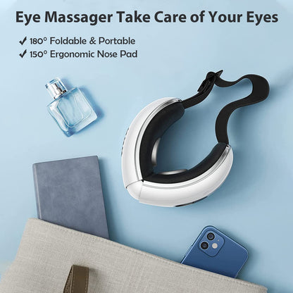 fmlave Eye Massager with Heat and Cooling for Migraines, Dry Eyes, Dark Circles, Rechargeable Bluetooth Music Heat Cold Eye Massager Improve Sleeping - Great Gifts for Woman and Man (White)