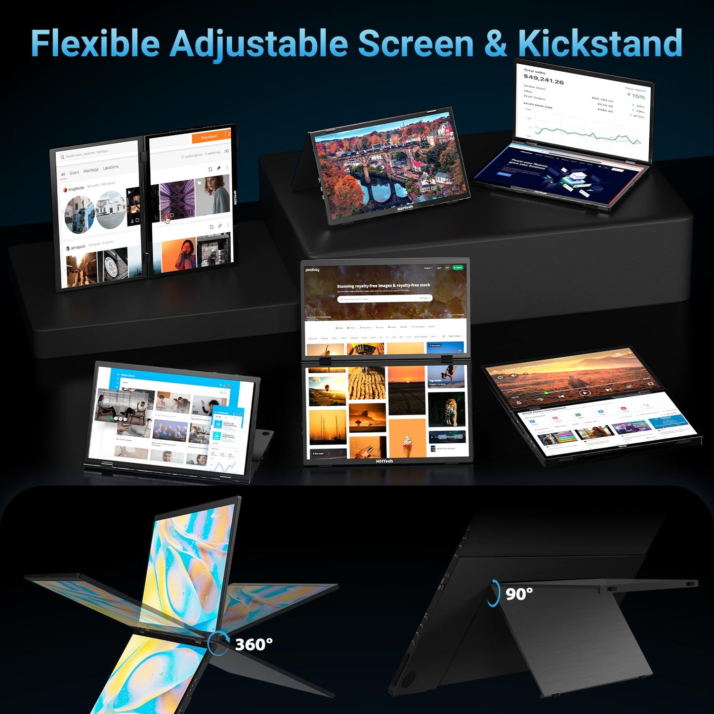 HotYeah Triple Laptop Screen Extender, 15.6'' Dual Stacked Monitor (Windows/MAC), USB-C HDMI 1080P IPS, Plug & Play, Folding Extended Monitor Extender w/Kickstand & 180° Rotation