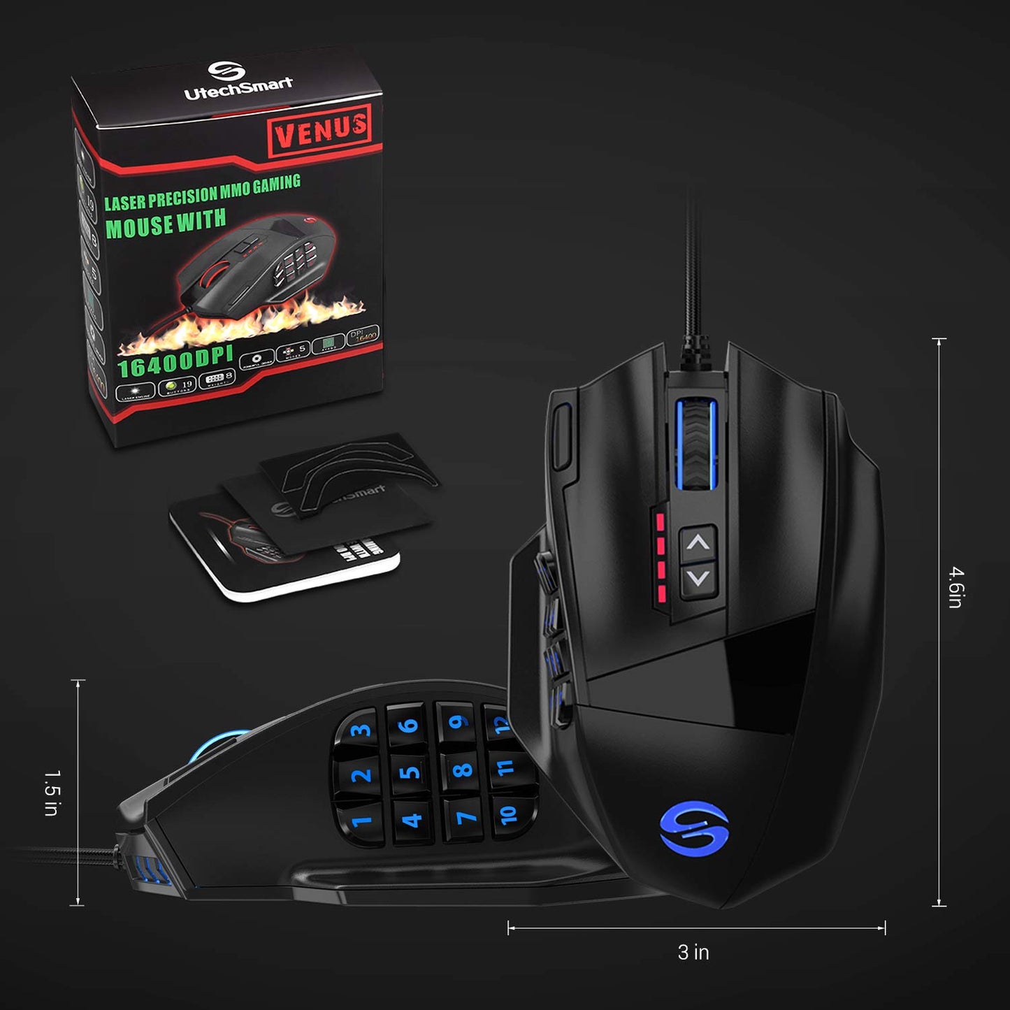 UtechSmart Venus Gaming Mouse RGB Wired, 16400 DPI High Precision Laser Programmable MMO Computer Gaming Mice [IGN's Recommendation]