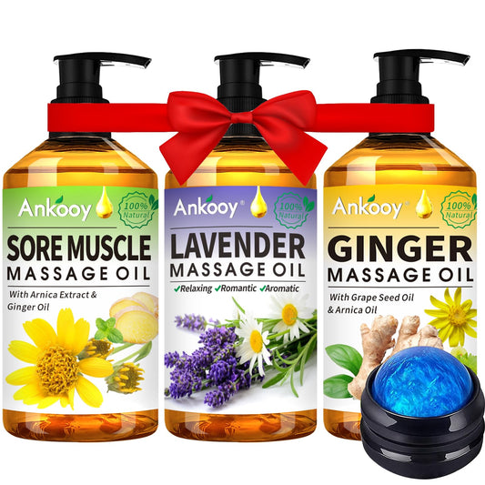 Mothers Day Gifts for Wife-3 Pack Massage Oil for Massage Therapy,Sore Muscle Arnica Oil & Lavender Oil & Ginger Oil Lymphatic Drainage & Massage Ball,Gifts for Her Him,Birthday Gifts for Men Women
