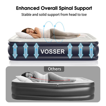 VOSSER Air Mattress Queen with Built in Pump,18'' Inflatable Mattress of Vertical Beams,Self Inflatable/Deflation Blow Up Mattress in 3 Mins,Flocked Top Airbed with Carry Bag for Home, Camping