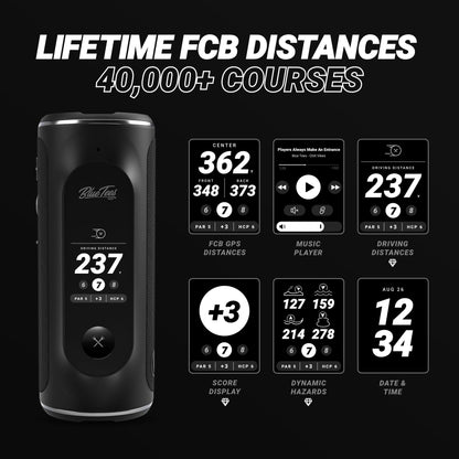 Blue Tees Golf Player+ GPS Speaker with Touch Screen Display, 10+ Hours Battery, 40,000+ Courses, Visual + Audible Distance, Hazard Distance - IPX7 Waterproof (Black)