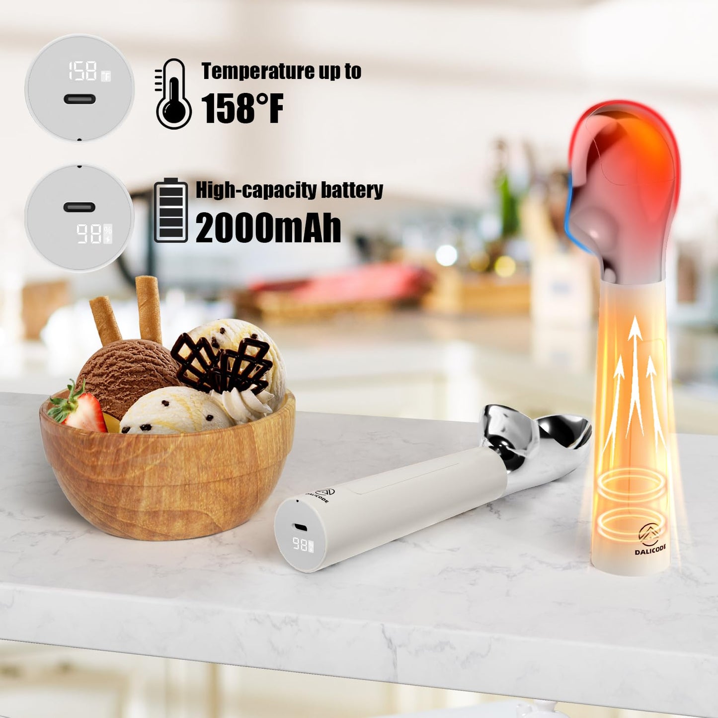 Dalicode Heated Ice Cream Scoop – Electric Scooper for Hard Ice Cream and Desserts, Handheld Heating Up to 158°F, Rechargeable with LED Display, Easy to Clean, Ideal Summer Gift